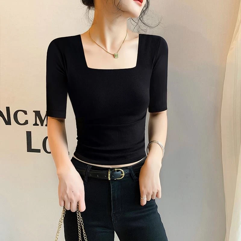 黑色方领T恤女中袖2025秋季新款螺纹低领修身五分袖体恤半袖上衣
