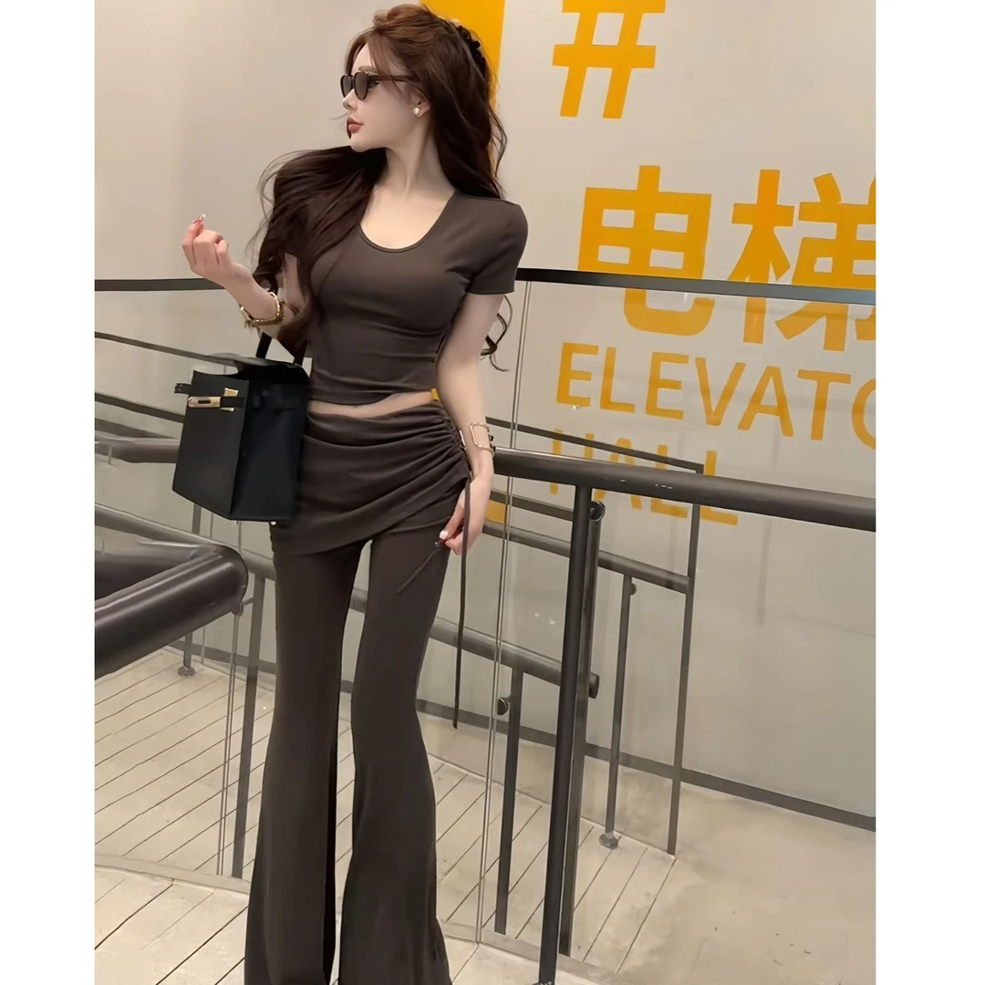 纯欲辣妹风修身显瘦百搭U领短袖T恤上衣女夏季高腰微喇长裤子套装