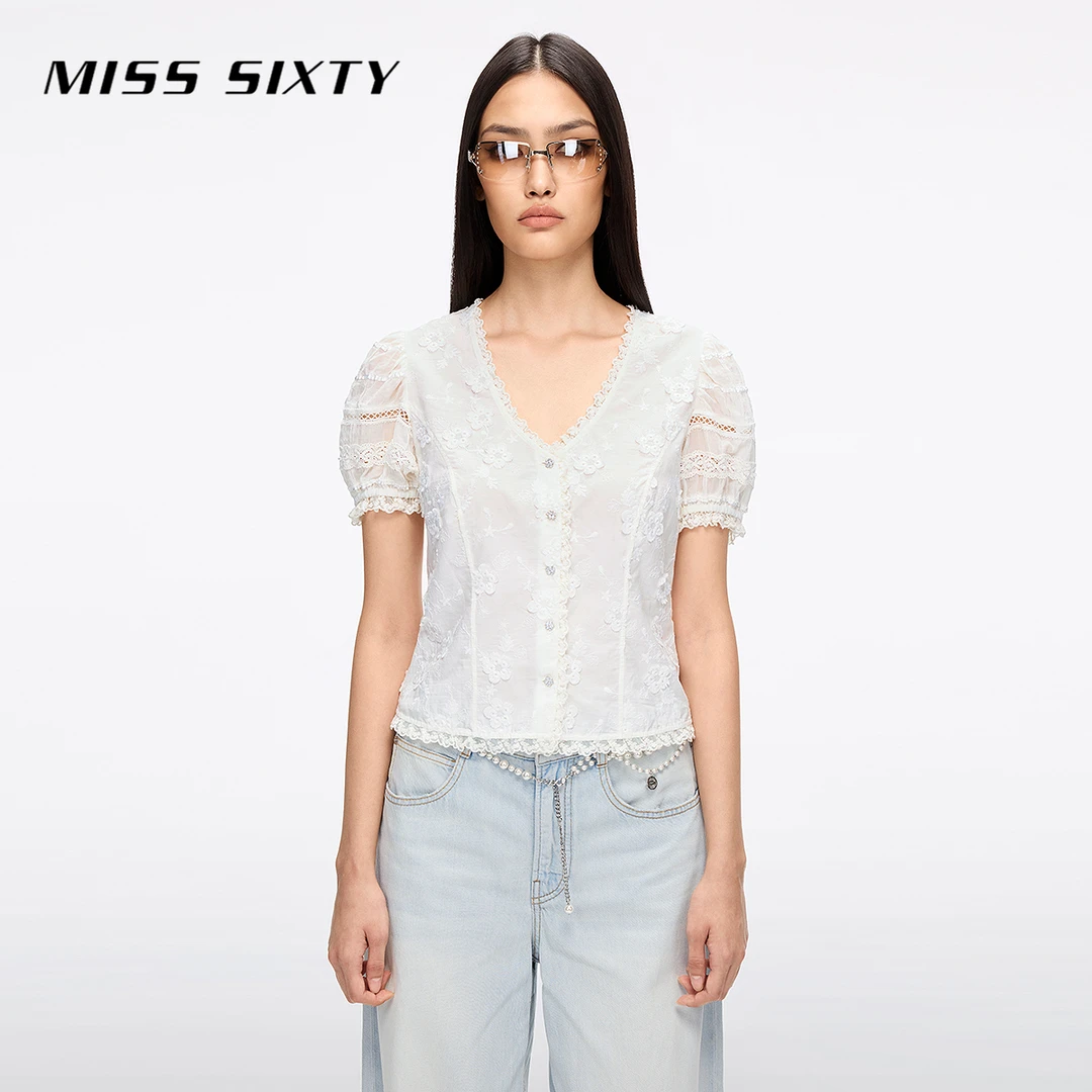 Miss Sixty2025夏季新款衬衫女V领蕾丝花边泡泡袖钻饰纽扣短上衣