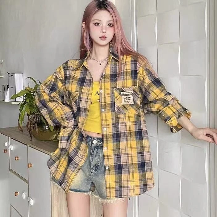 港风复古黄色格子衬衫女2025夏季新款设计感小众长袖防晒外套衬衣