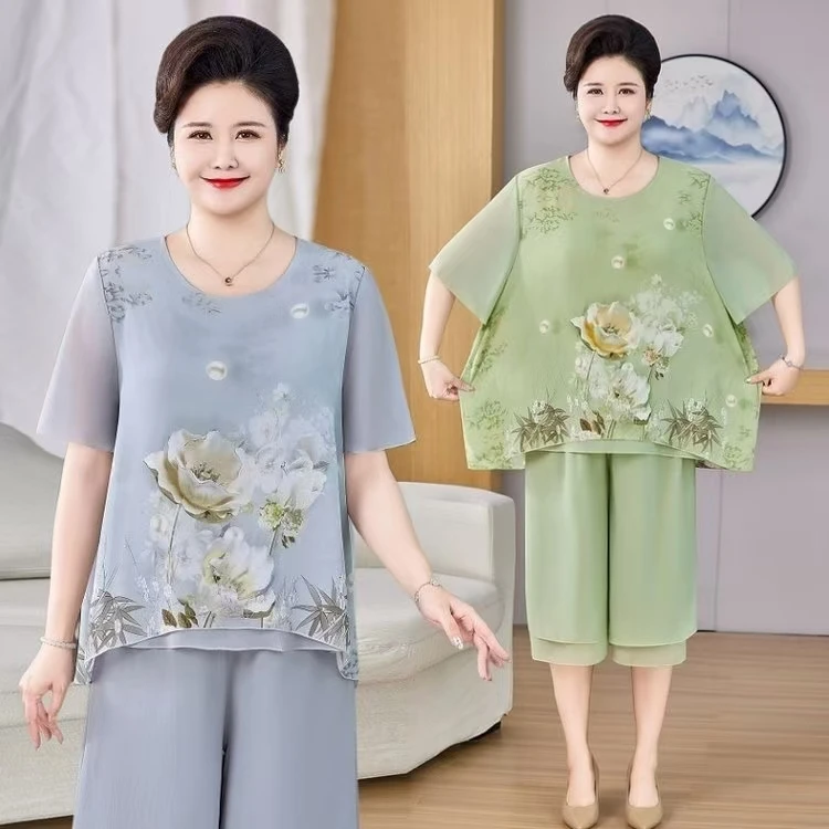 气质妈妈装洋气高档中老年时尚夏季大码休闲薄款减龄宽松套装中年