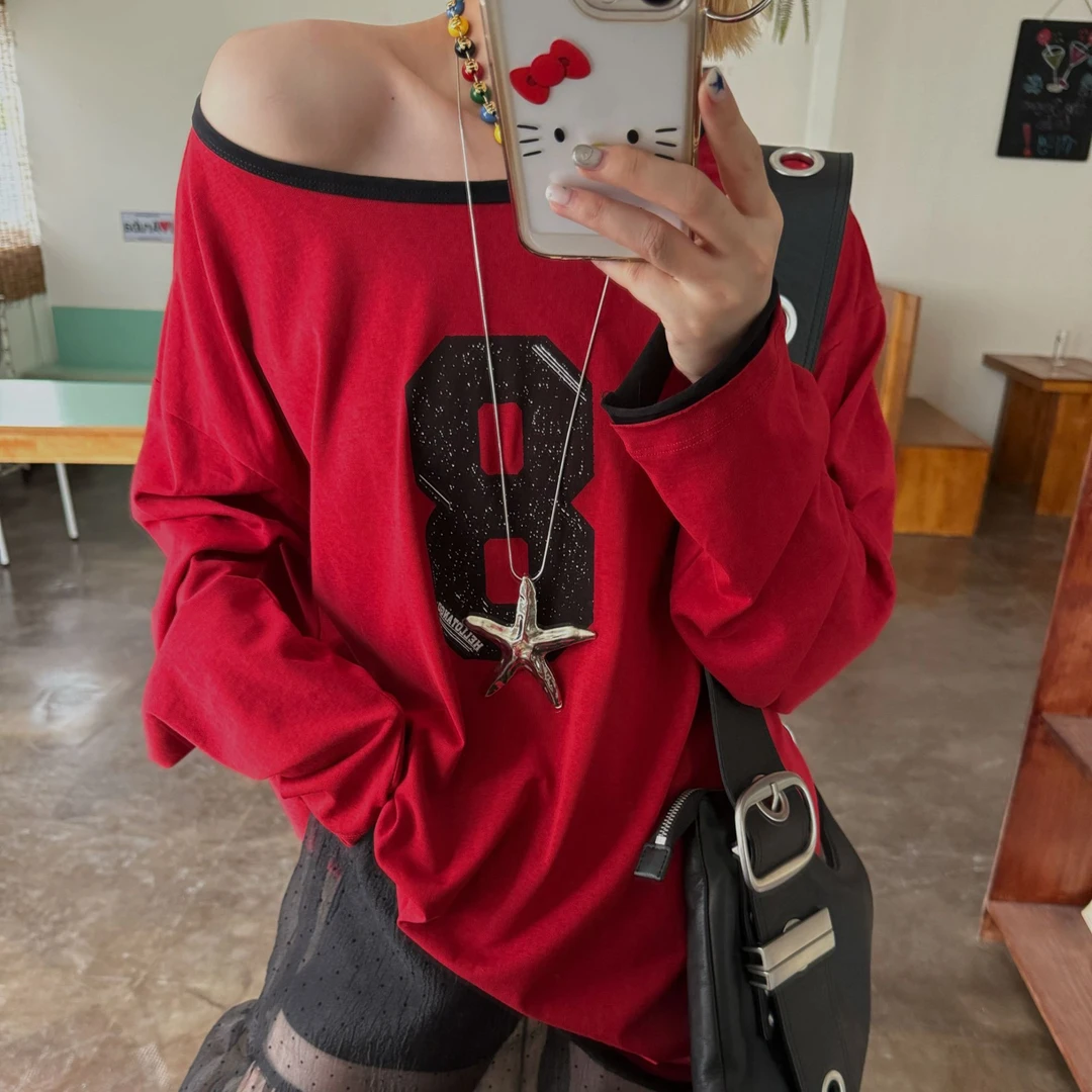 HELLOTANGO《慵懒私服》春游出行露肩显瘦百搭斜肩上衣T恤55118#