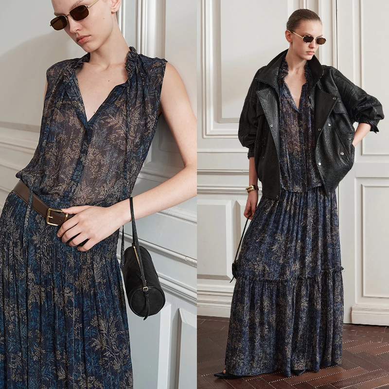 INYASAKO"暮色庭院"原创印花荷叶边无袖衬衫/司马克长裙