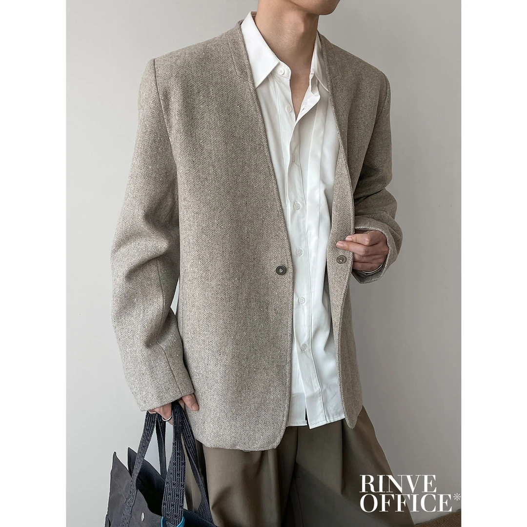 RINVE羊毛混纺无领西装外套男冬季老钱复古宽松廓形垫肩休闲西服