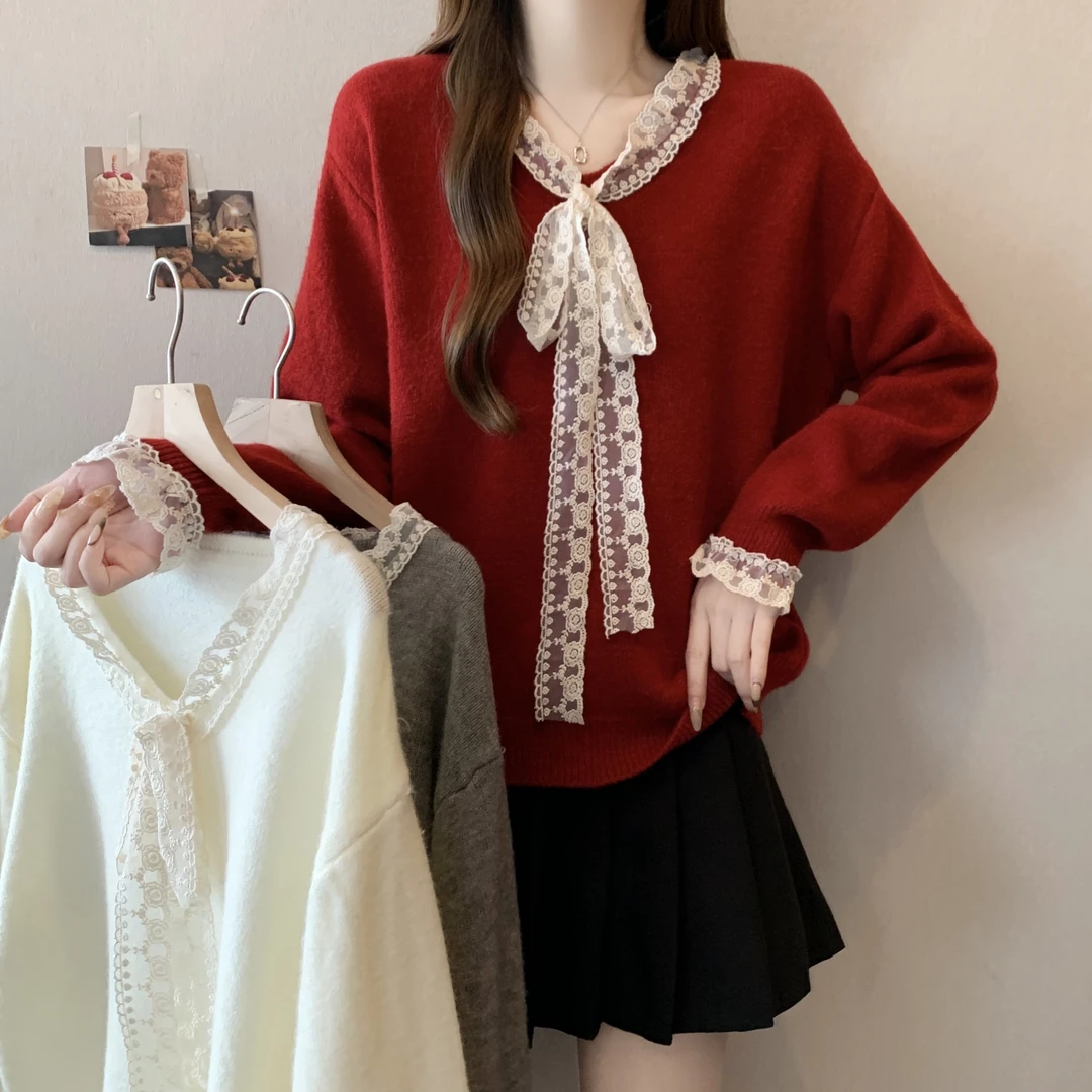 2025秋冬新款大码胖MM甜美蝴蝶结蕾丝V领显瘦套头衫/红色毛衣