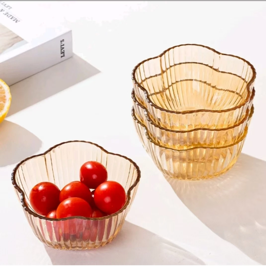 【四只装】家用高颜值琥珀色竖纹花瓣玻璃碗调味碗零食水果小吃碗$