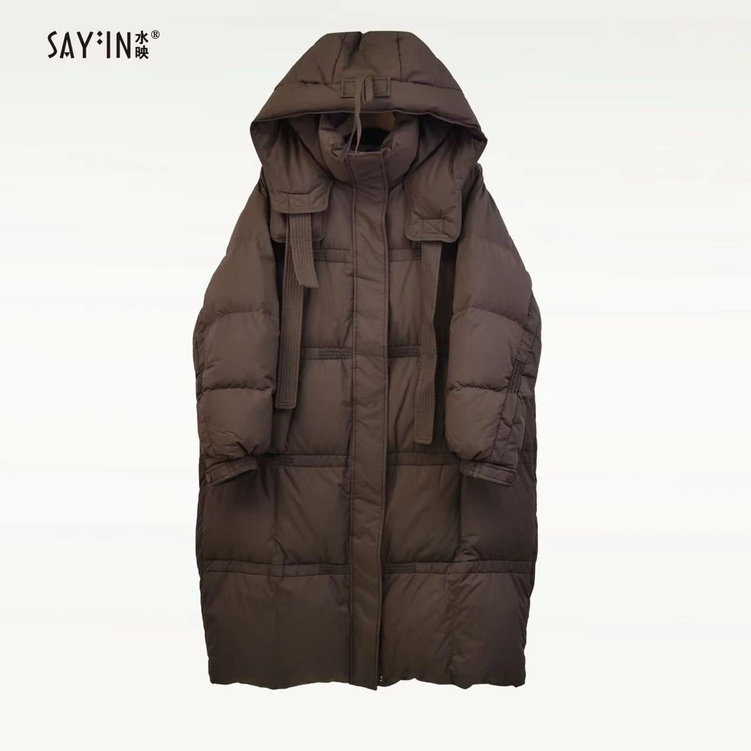 sayin/水映【厚外套】【孤品】中长款90白e磁吸扣连帽厚外套 Y5569