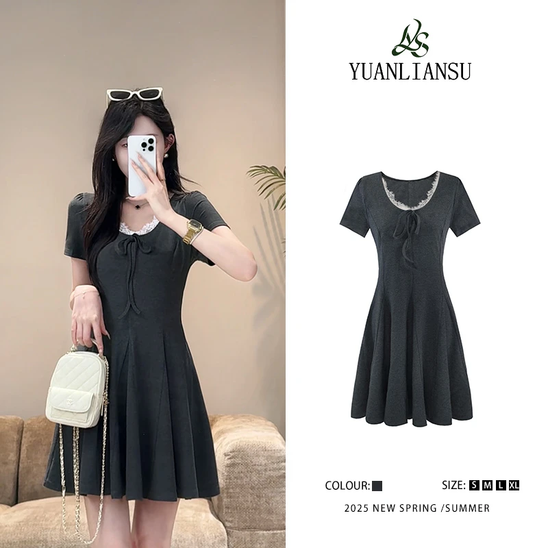YUANLIANSU/圆脸酥【茶烟轻语】韩版蕾丝拼接深灰色收腰显瘦连衣裙