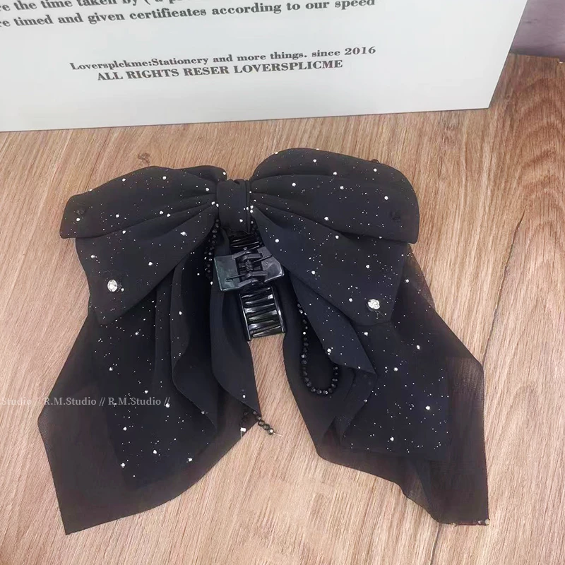 满天星网纱蝴蝶结飘带抓夹女高级感百搭扎马尾后脑勺半扎发夹头饰