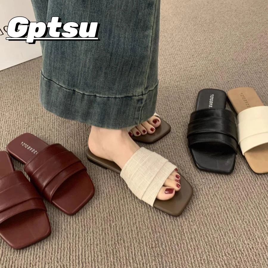 GPTSu慵懒风一字带露趾方头平底拖鞋女外穿度假风休闲沙滩凉拖鞋