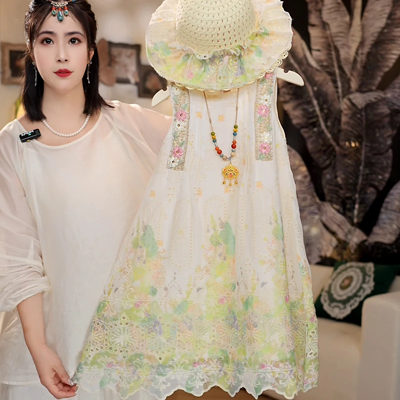 【送帽子】夏季新款儿童莫奈花园小清新无袖度假风连衣裙HCB749