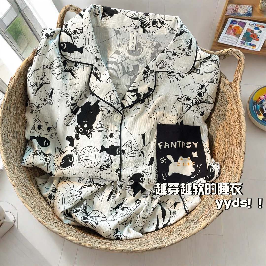 睡衣女新款春季卡通网红黑猫长袖甜美可爱翻领爆款少女家居服套装