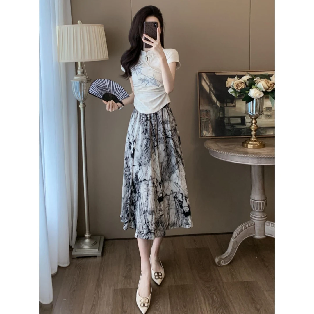 高级感新中式改良旗袍刺绣绣花短修身T恤上衣高腰山水半身裙套装