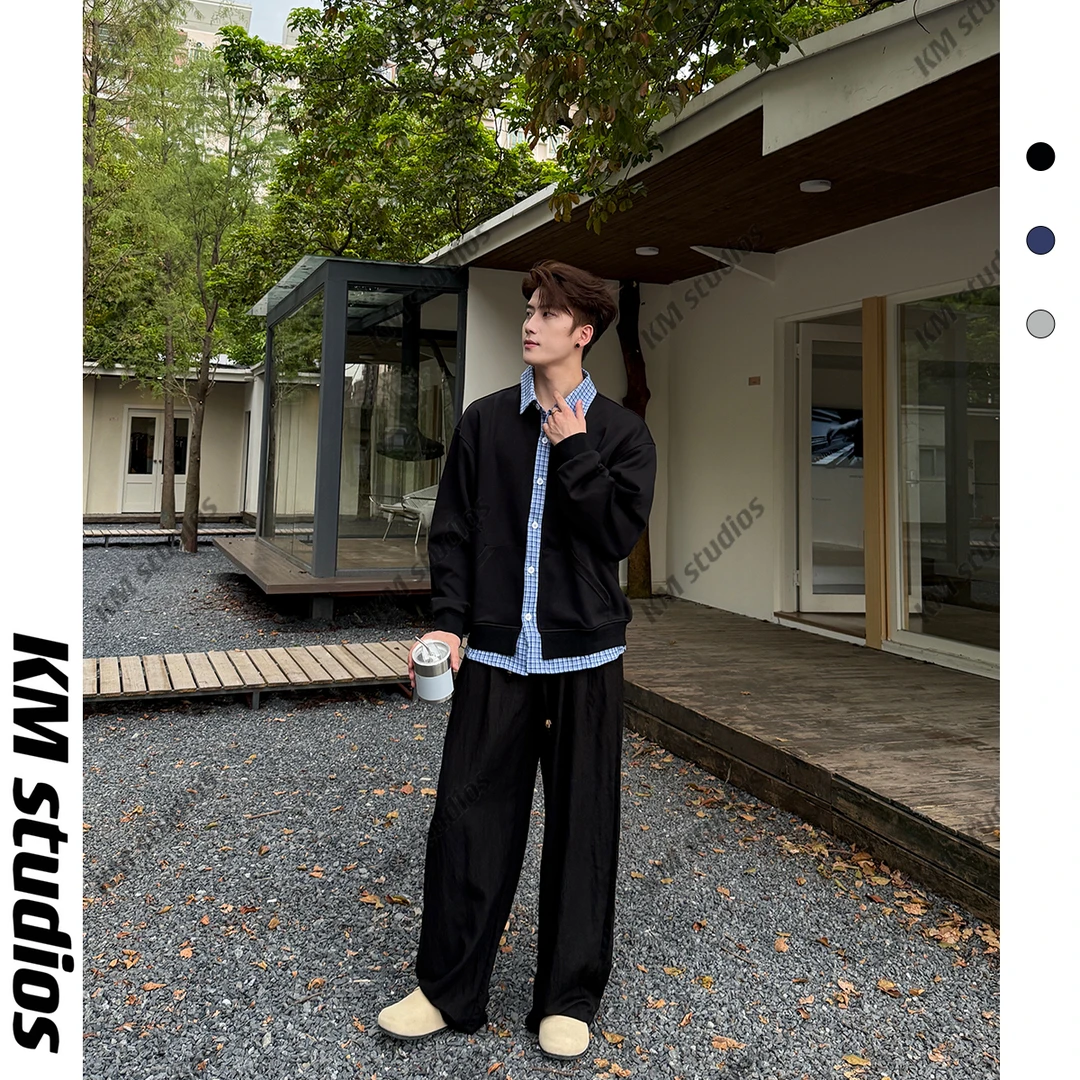 KM studios 25秋冬miu系假两件重磅卫衣开衫新款男女拼接翻领格子