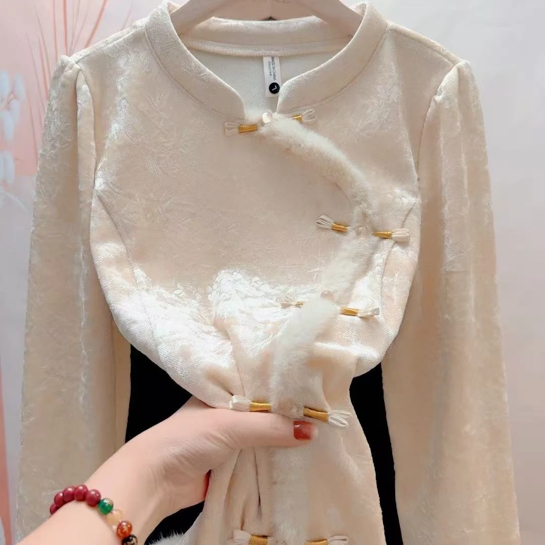 新中式加厚加厚蕾丝打底衫显瘦遮肉外穿宽松衬衫保暖新年战袍小衫
