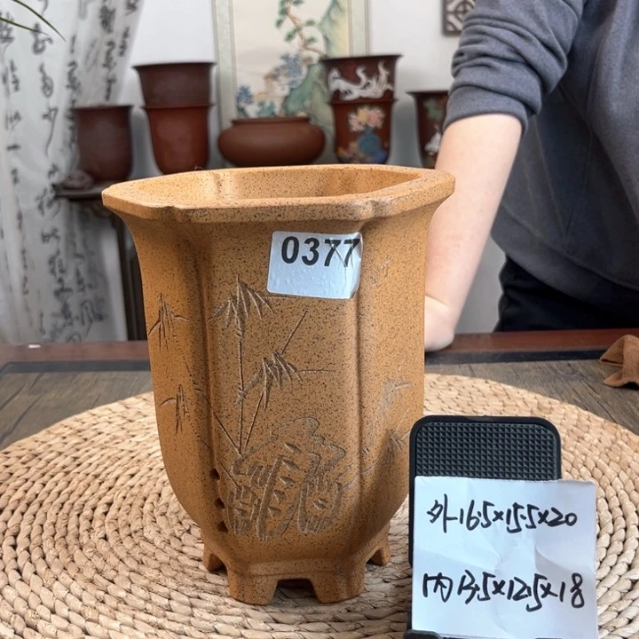 紫砂花盆一****柴烧菱花六方0377