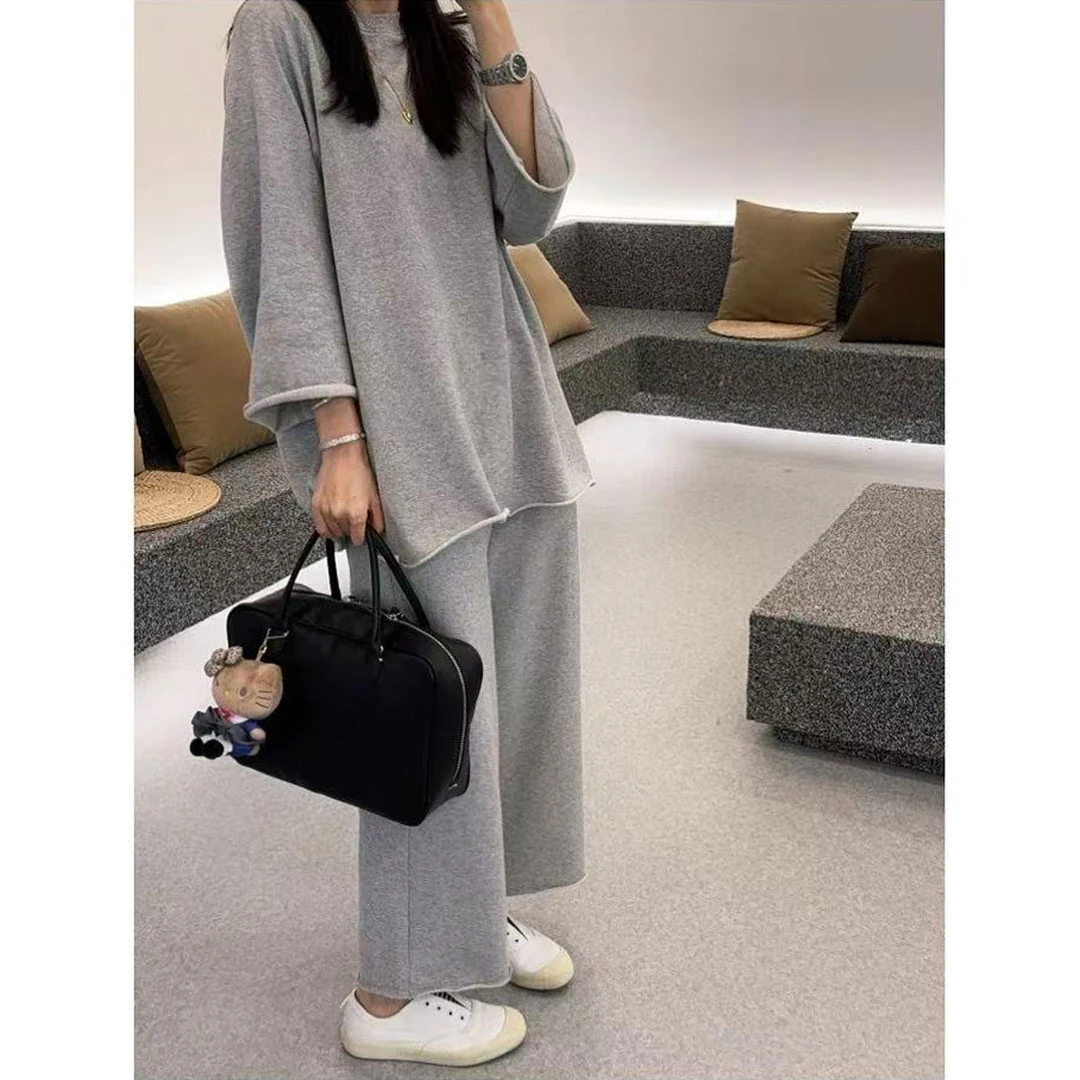 宽松显瘦套头百搭上衣阔腿裤套装2025秋季新款大码时尚休闲两件套