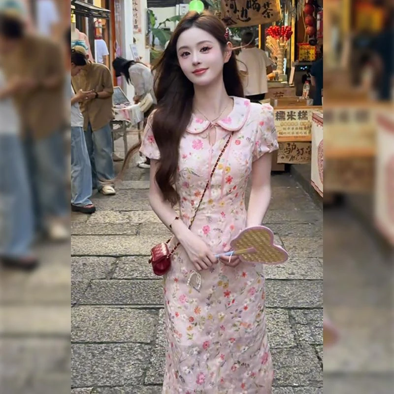 【漫花海】<77>新中式气质旗袍碎花连衣裙优雅女神范收腰长裙子女装