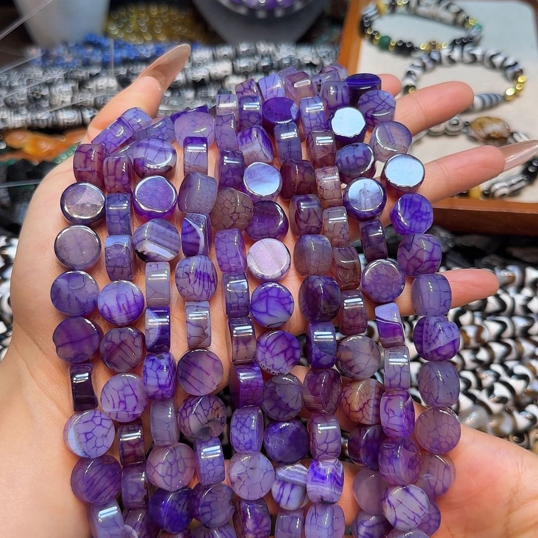玛瑙/玉髓未镶嵌珠宝半成品紫玛瑙龙鳞厚圆饼14mm