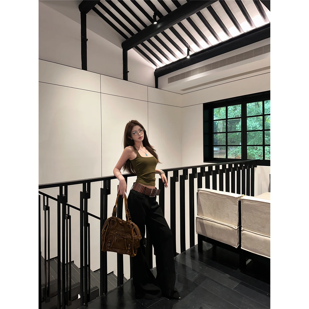 美式御姐风方领工字基础款背心套装女高级感黑色显瘦阔腿裤两件套