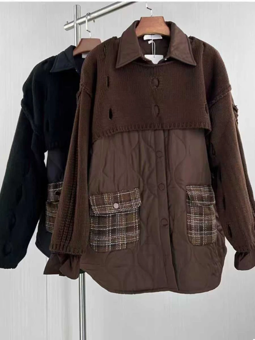 拼接休闲喇叭袖假两件厚款棉服宽松翻领长袖常规纯色棉衣