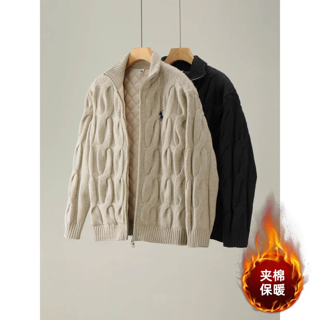 【加棉加厚】【羊毛混纺麻花工艺】秋冬气质双拉链针织开衫立领外套