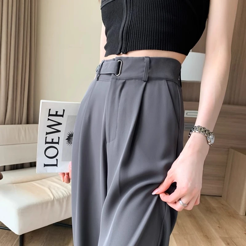 灰色雪纺裤女夏薄款西装裤直筒垂感窄版阔腿高腰遮胯显瘦款休闲裤