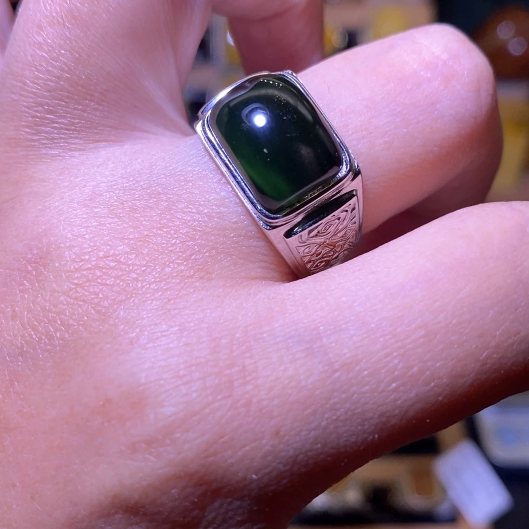 蓝珀戒指银S925镶嵌༺****