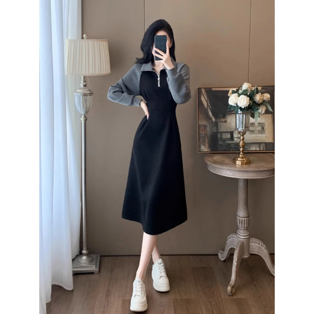 中长款半拉链卫衣连衣裙女春季2025新款时尚洋气收腰显瘦休闲裙子