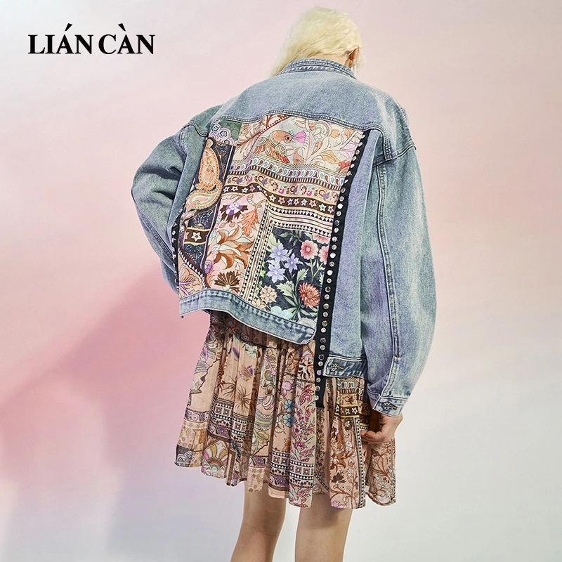 莲灿2025秋新商场同款浪漫波西米亚铆钉印花牛仔外套7122296004