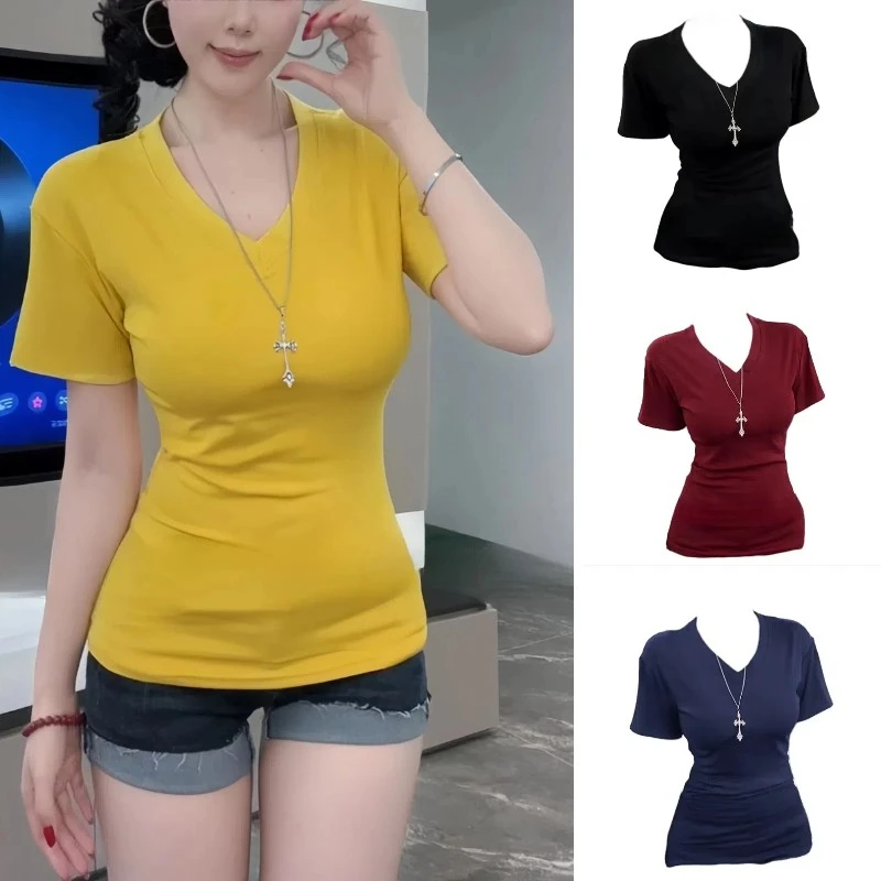 【运补6-8】夏季多色正肩v领短袖T恤女时尚百搭设计感显瘦掐腰上衣