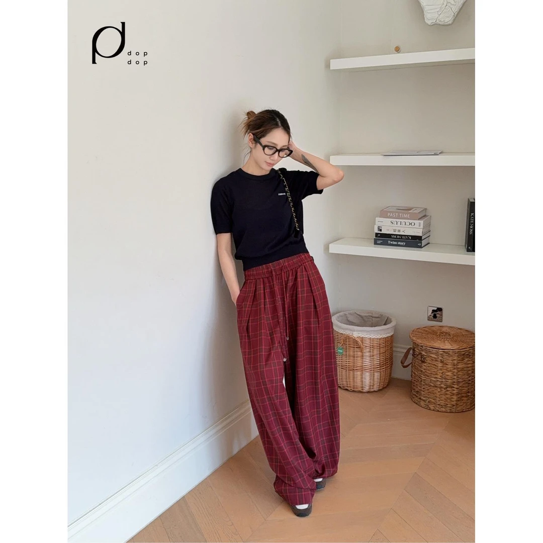 AVVENN2025春格纹腰封阔腿裤休闲裤女2090dopdop买手店