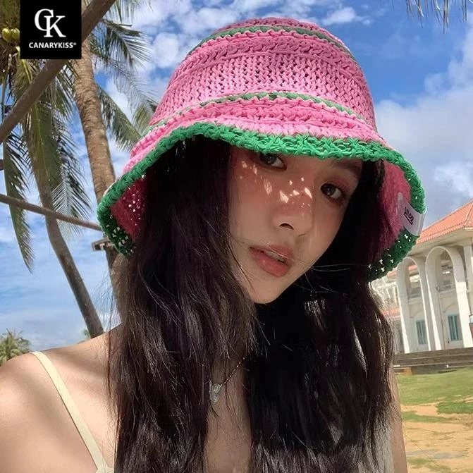 Canary Kiss韩系多巴胺拼色编织草帽女秋季度假风渔夫帽遮阳帽子