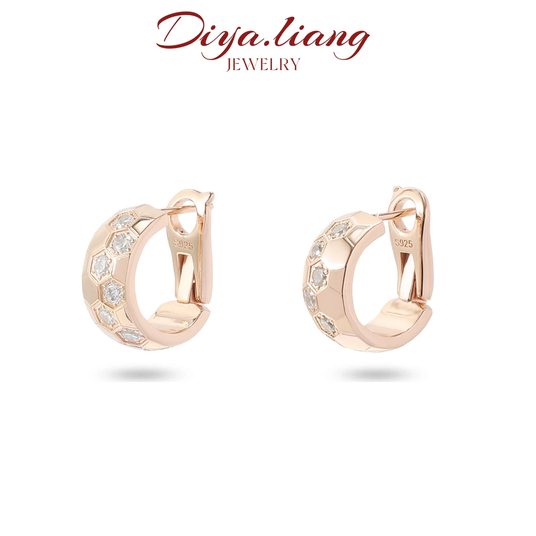 925银耳饰 梁雅帝新品【香槟金C圈棋盘】气质百搭时尚纯银耳饰