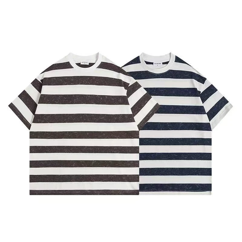 夏季高街水洗做旧条宽纹短袖男潮牌宽松休闲百搭圆领T恤衫-7039