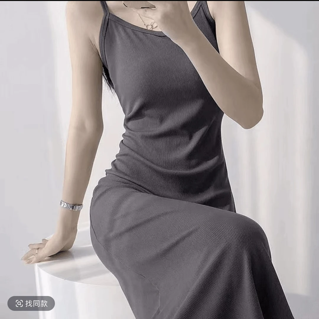 高弹螺纹长款吊带裙