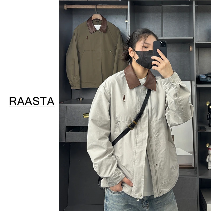 2025新款男士春秋外套潮流百搭刺绣短款拼皮翻领夹克复古休闲帅气