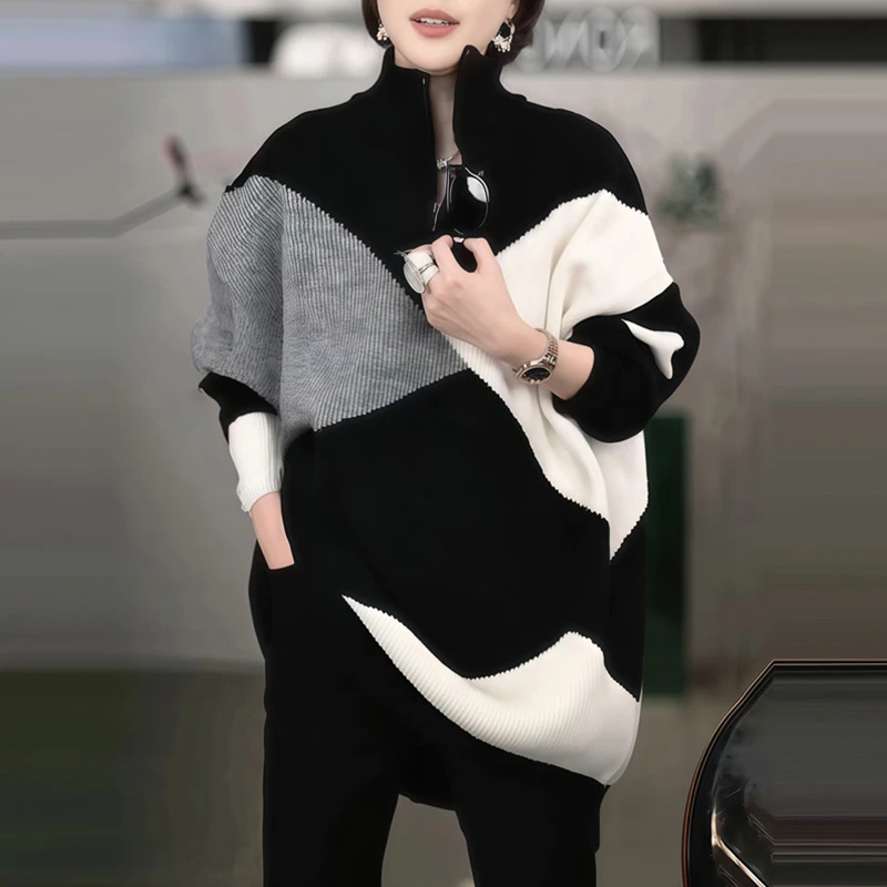 法式时尚流行漂亮慵懒风长袖针织衫女装秋冬新款黑白立领百搭上衣