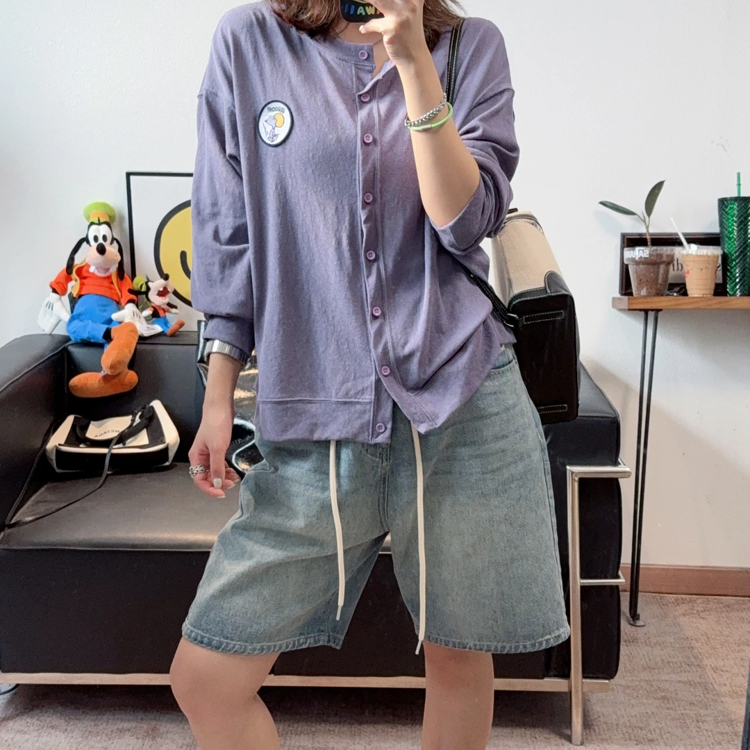 2025夏季新款超洋气灰紫色长袖防晒开衫单排扣T恤女贴布绣减龄