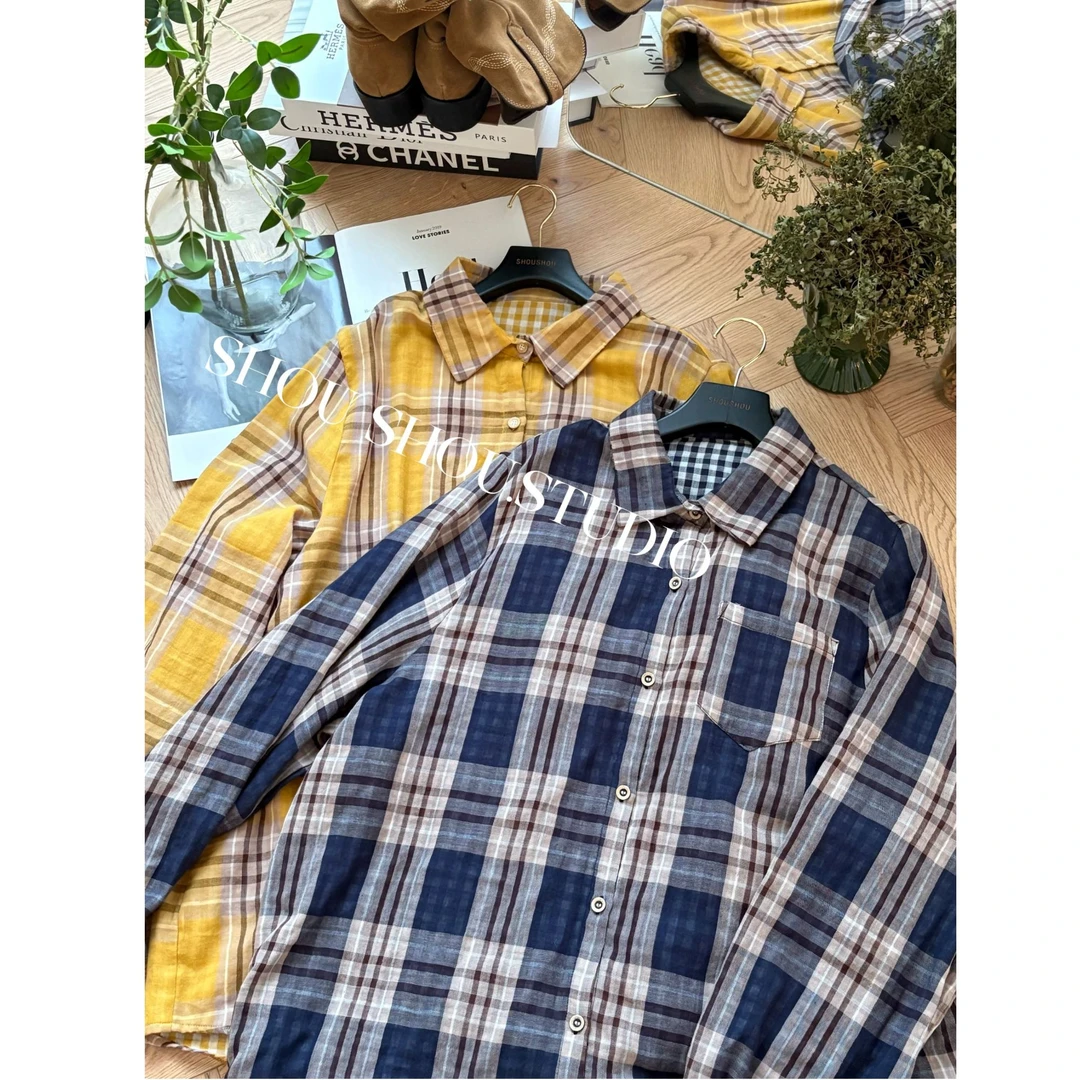 【瘦瘦】大码秋季设计感全棉撞色带里衬拼接格子宽松衬衫S01894