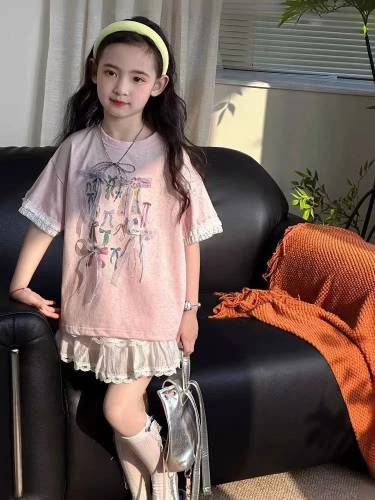 【亲子装】夏季新款女童短袖亲子装彩棉蝴蝶结短袖T恤韩版洋气宽松