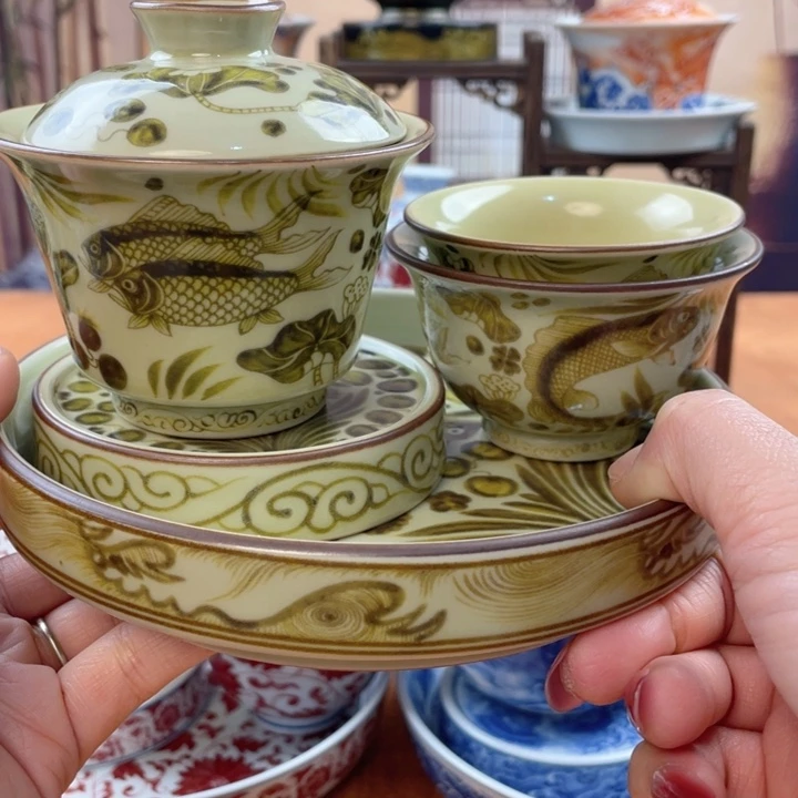 陶摆件二号釉釉里金鱼藻纹五件套