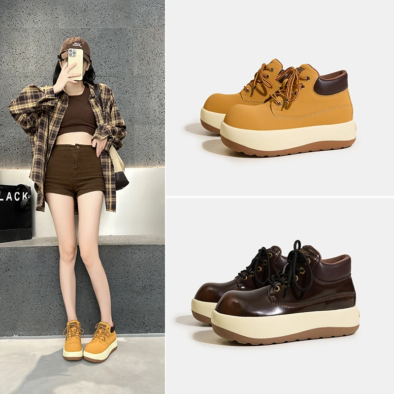 时尚厚底大头短靴女增高2025新款秋季英伦风大黄靴松糕马丁靴丑萌
