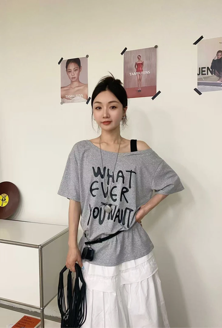 印花字母斜肩配腰包T夏季韩版时尚