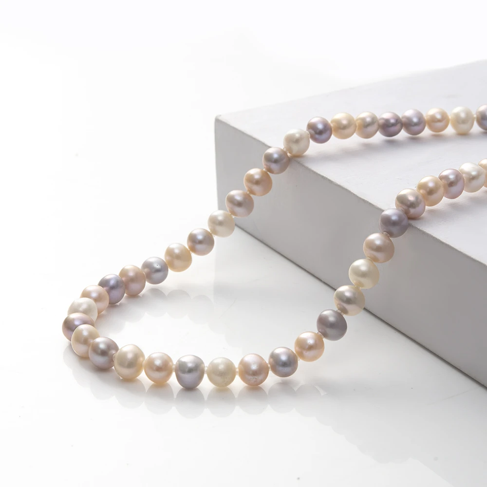 9-10mm极光滑皮糖果色淡水无核珍珠项链