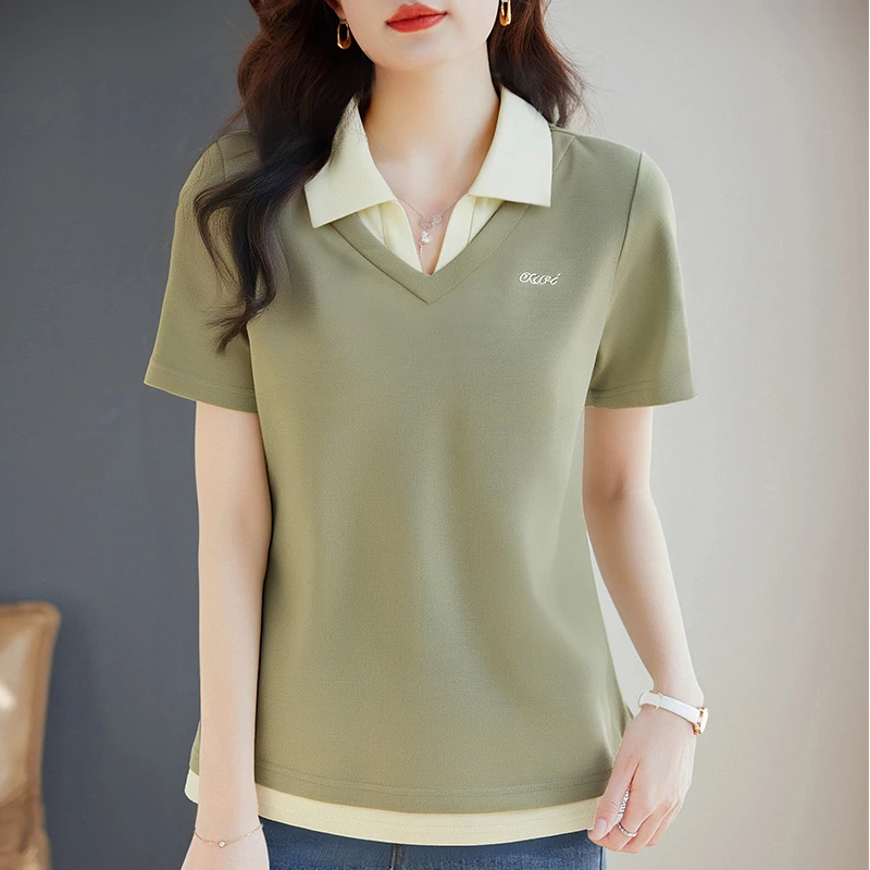 翻领短袖t恤女2025年新款夏季大码女士假两件上衣宽松女装polo衫