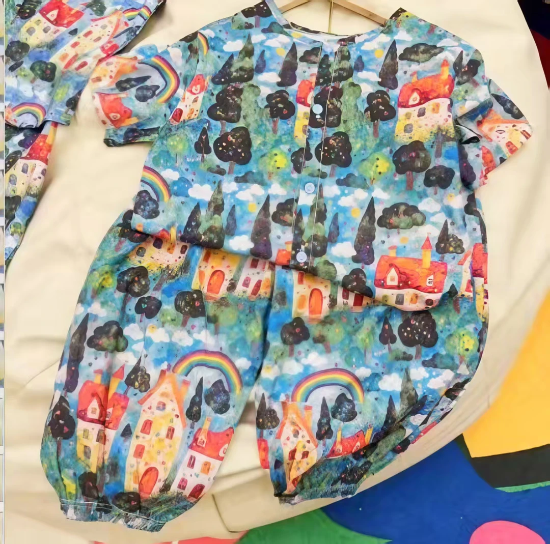 宁静棉绸国风潮童半袖长裤灯笼裤男童女童家居服外穿套装