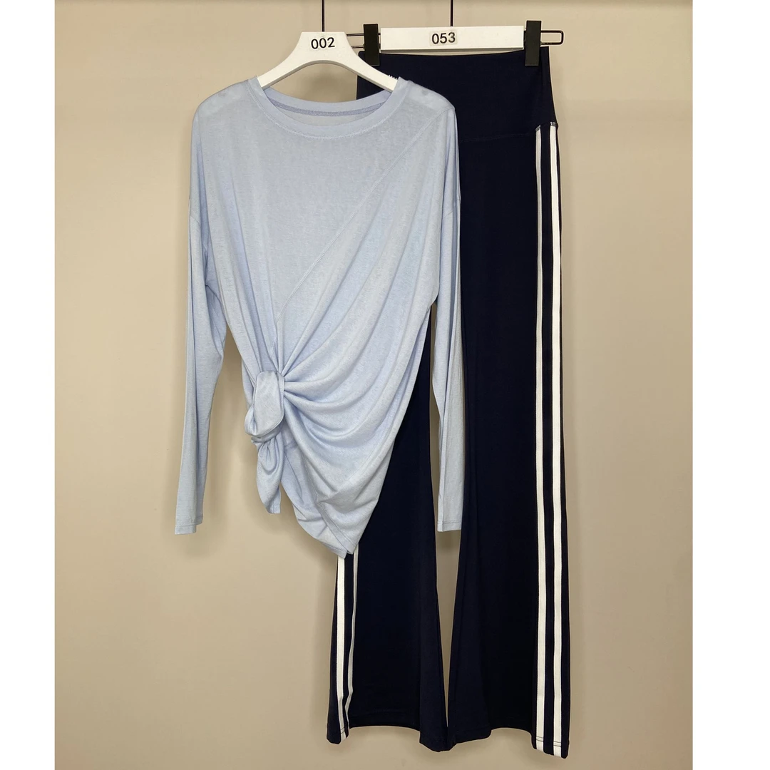 c.cya瑜伽套装女修身显瘦高腰条纹喇叭裤单开叉罩衫透气长袖T恤