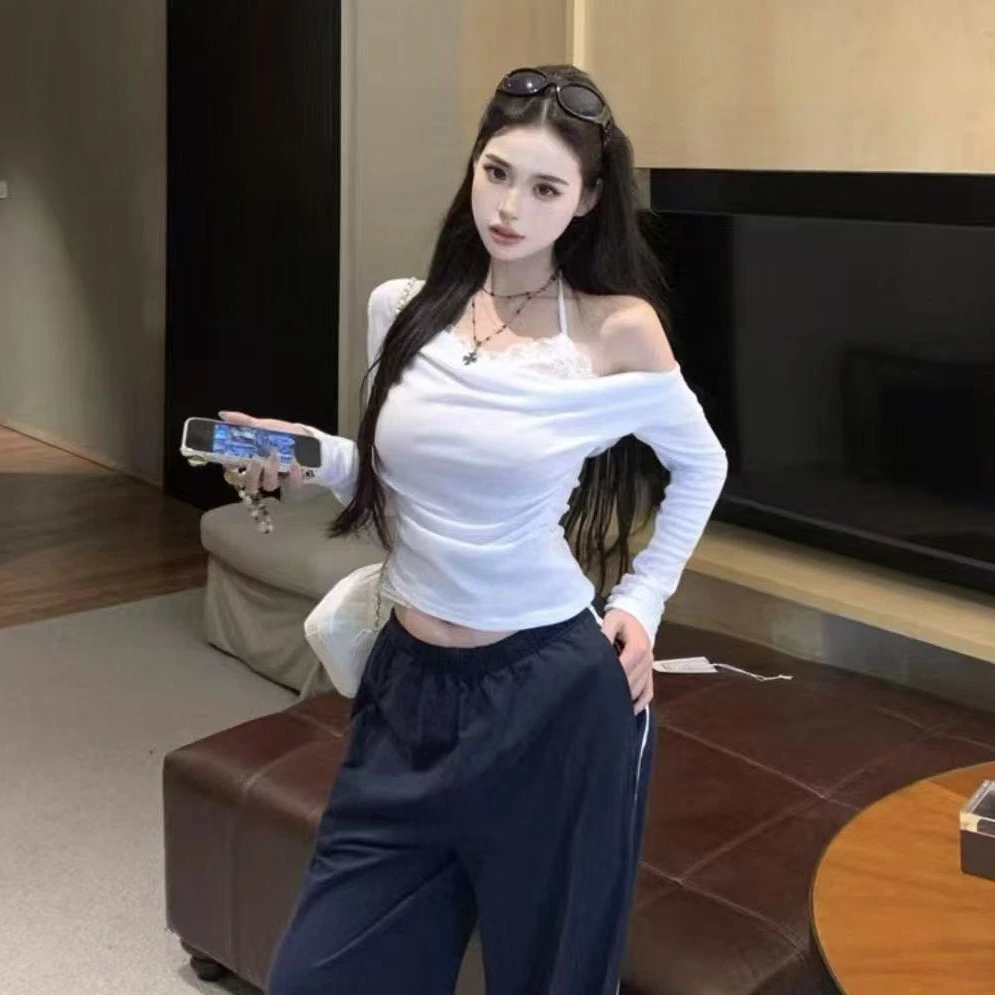 【反骨ZAl】纯欲蕾丝挂脖一字肩上衣＃02204