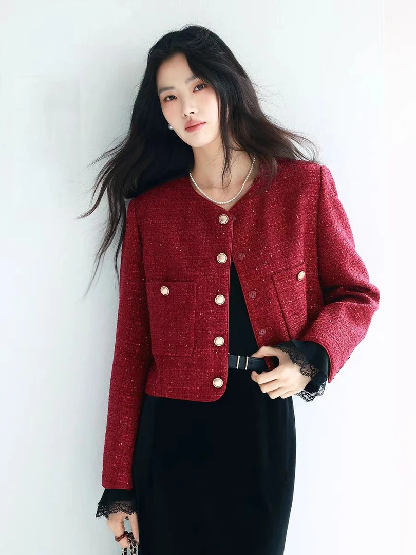 杭州原版正品2025初春新款小香风高级感气质红色外套上衣女